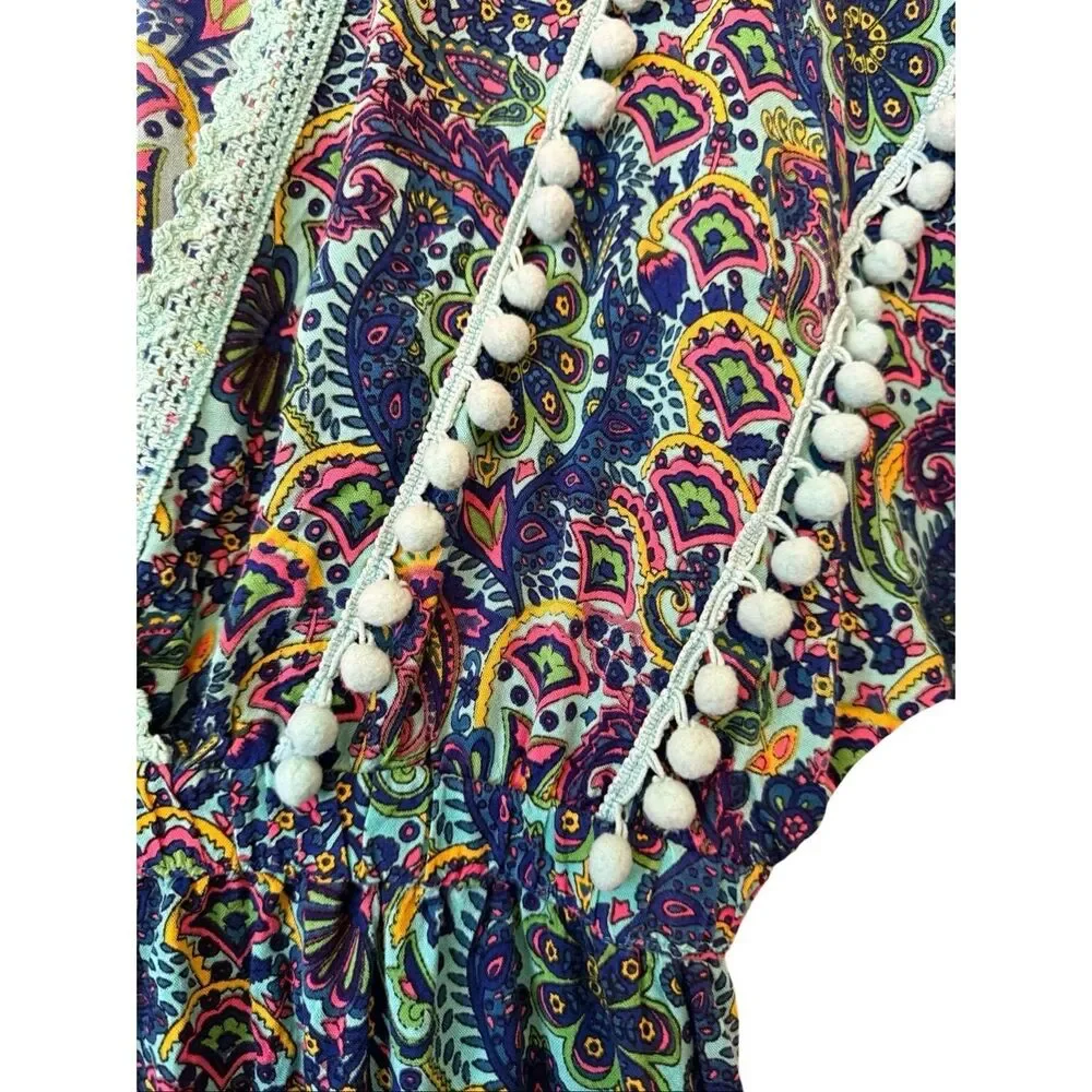 American & Beyond Caftan Dress/Swim Cover Teal Paisley Size M Festival, Resort